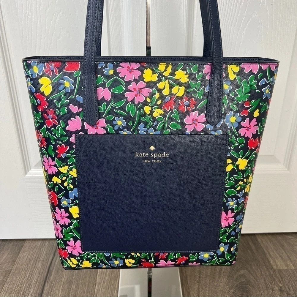 Kate Spade NWT Daily Tote Floral Statement Bag Navy Blue Bright Flowers Gift New